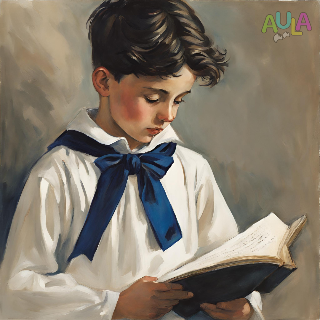 Niño leyendo un poema de tunica uruguaya